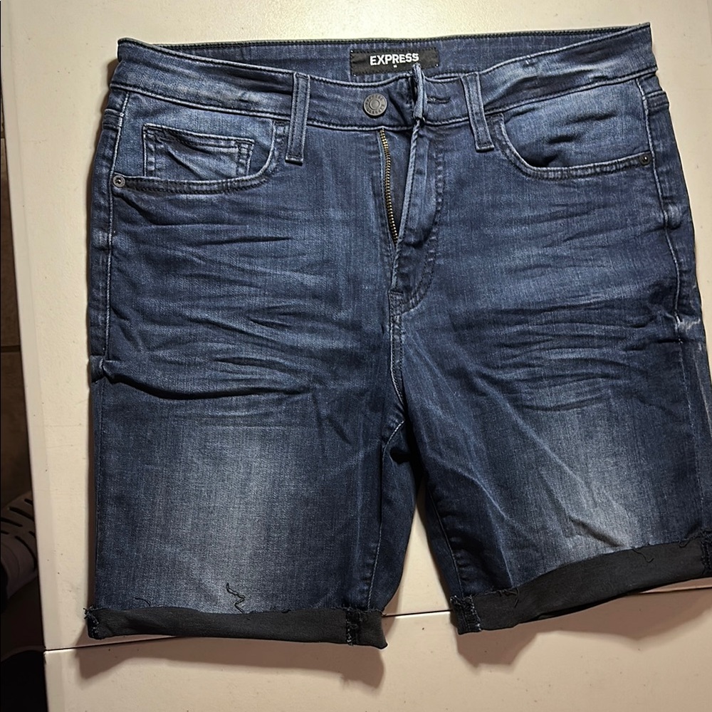 Men’s Express Blue Jean Shorts with Rolled Hems and Natural Fading